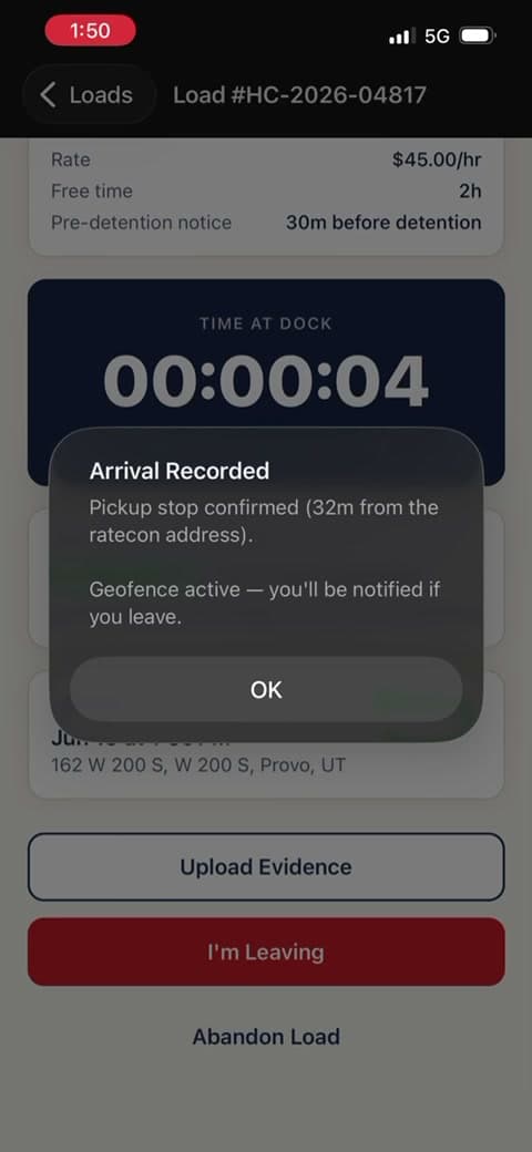 HaulClaim detention timer running after the driver taps arrived
