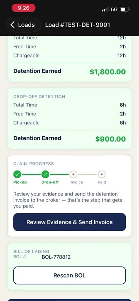 HaulClaim summary showing detention earned, ready to send the invoice